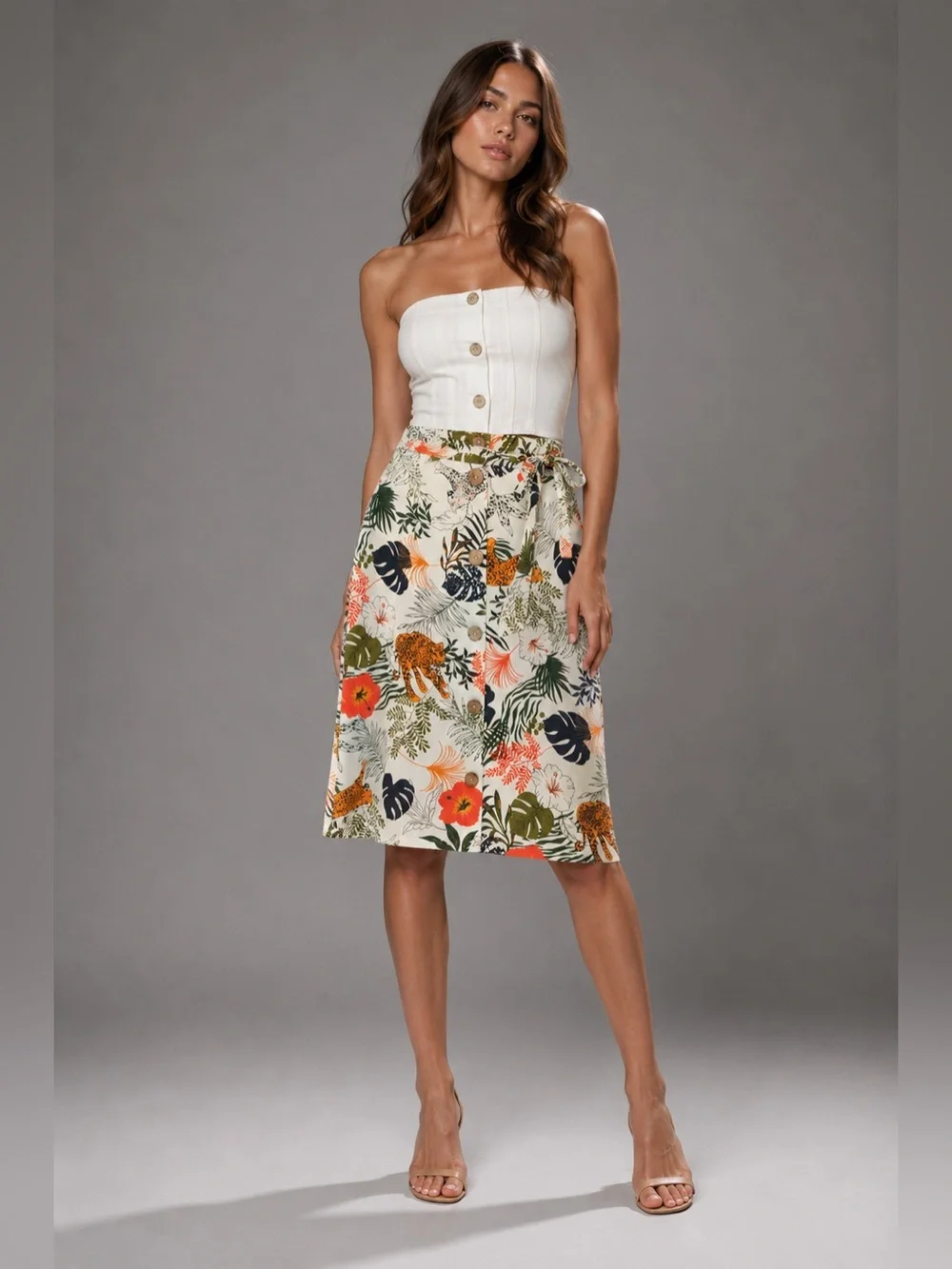 Tropical Safari Button Front Wrap Skirt Vacation